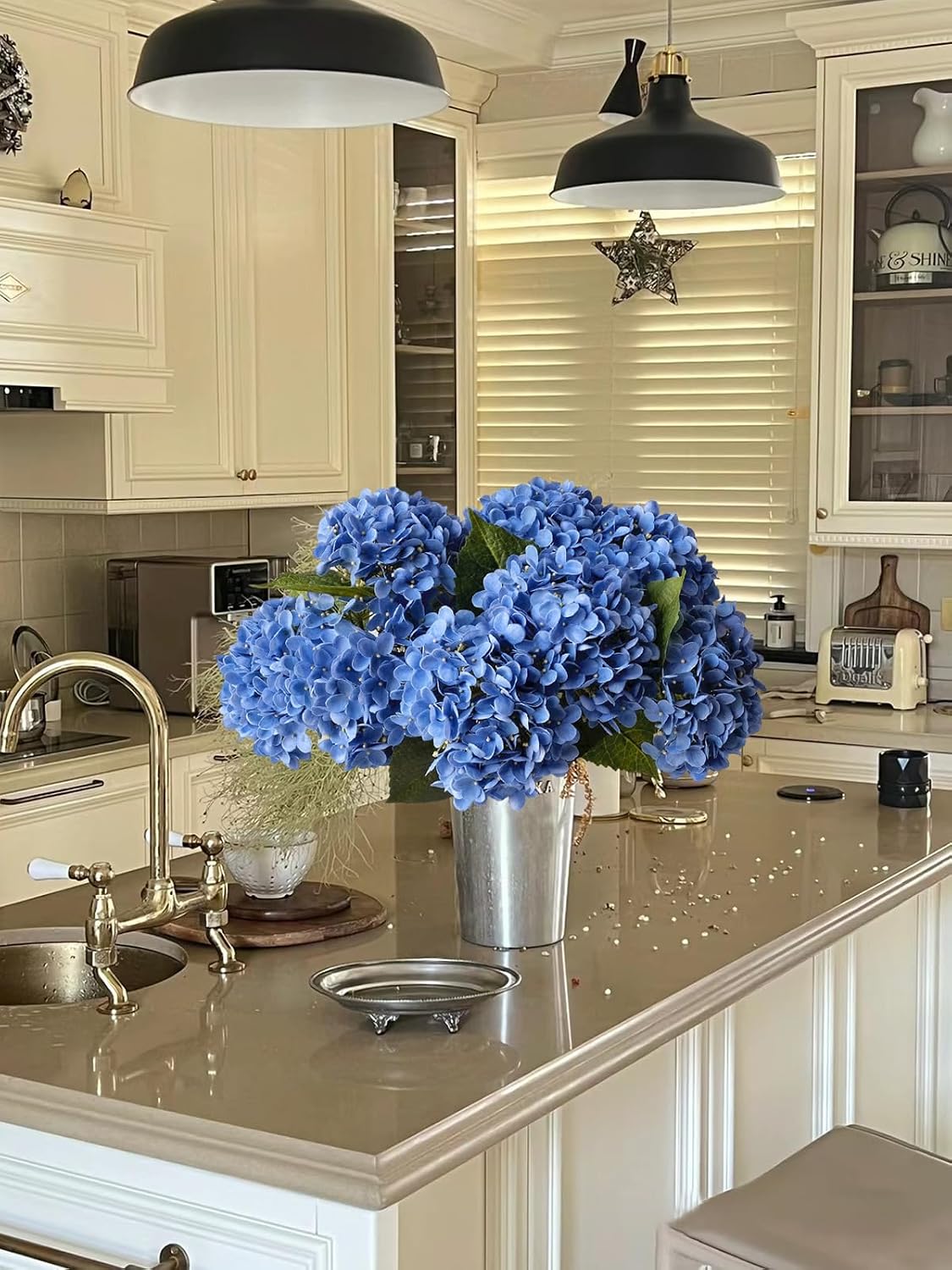 20" 4PCS Artificial Light Blue Hydrangea Flowers Large Faux Latex Real Touch Fake Hydrangeas Silk Bouquet with Leaves Stems for Family Table Office Wedding Party Arrangements