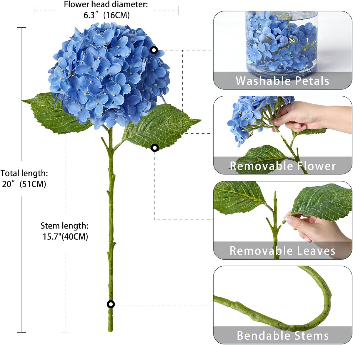 20" 4PCS Artificial Light Blue Hydrangea Flowers Large Faux Latex Real Touch Fake Hydrangeas Silk Bouquet with Leaves Stems for Family Table Office Wedding Party Arrangements