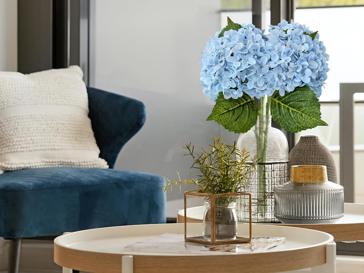 20" 4PCS Artificial Light Blue Hydrangea Flowers Large Faux Latex Real Touch Fake Hydrangeas Silk Bouquet with Leaves Stems for Family Table Office Wedding Party Arrangements