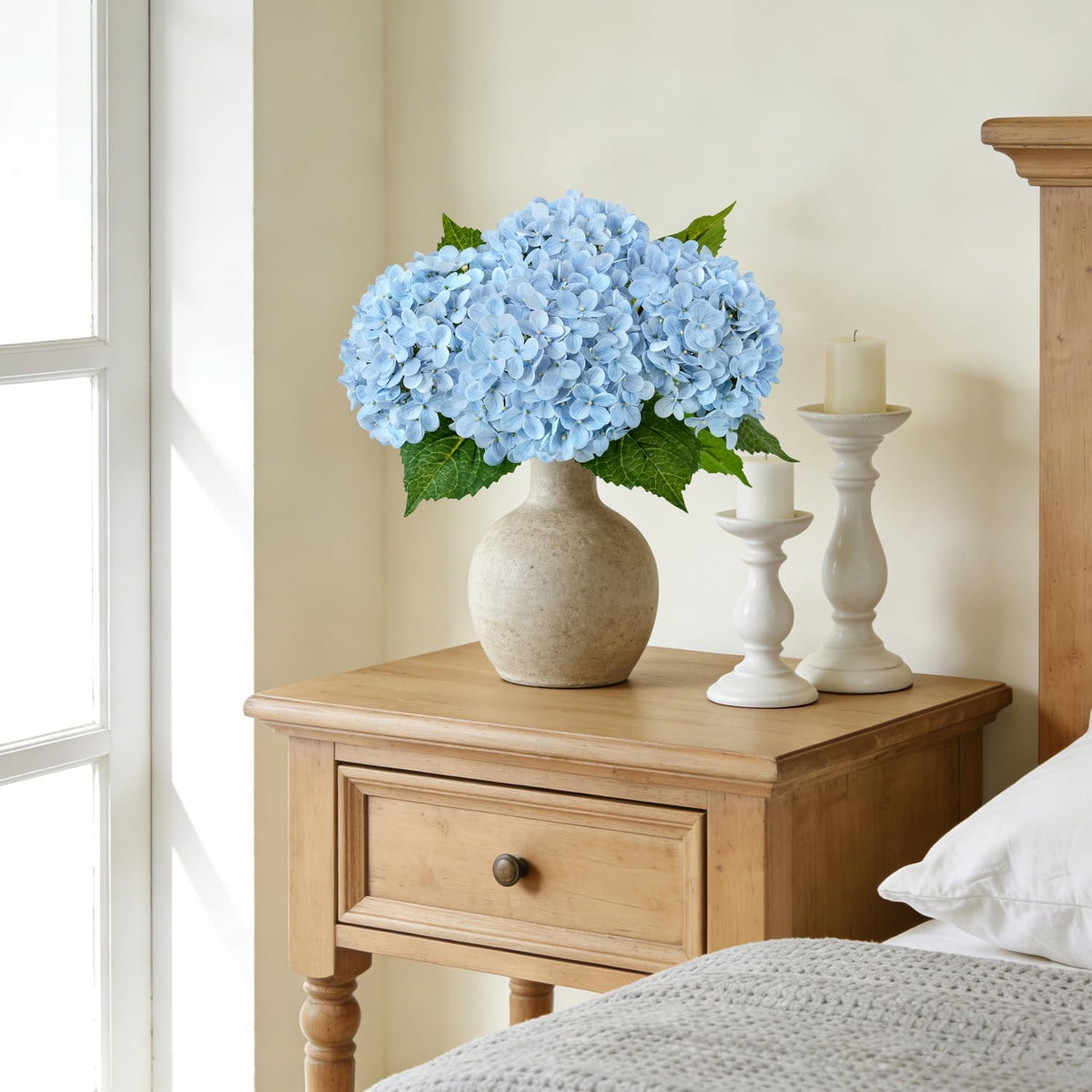 20" 4PCS Artificial Light Blue Hydrangea Flowers Large Faux Latex Real Touch Fake Hydrangeas Silk Bouquet with Leaves Stems for Family Table Office Wedding Party Arrangements