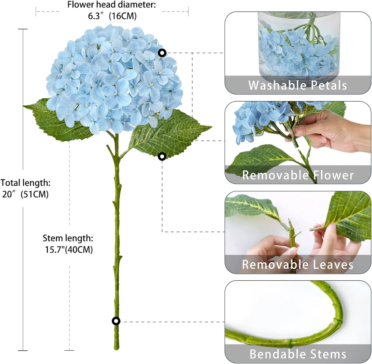 20" 4PCS Artificial Light Blue Hydrangea Flowers Large Faux Latex Real Touch Fake Hydrangeas Silk Bouquet with Leaves Stems for Family Table Office Wedding Party Arrangements