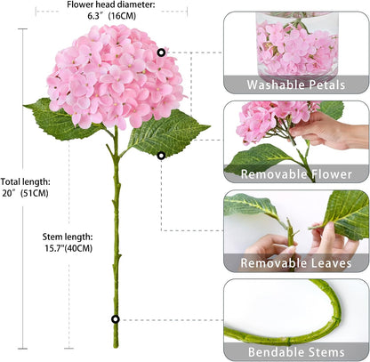 20" 4PCS Artificial Light Blue Hydrangea Flowers Large Faux Latex Real Touch Fake Hydrangeas Silk Bouquet with Leaves Stems for Family Table Office Wedding Party Arrangements