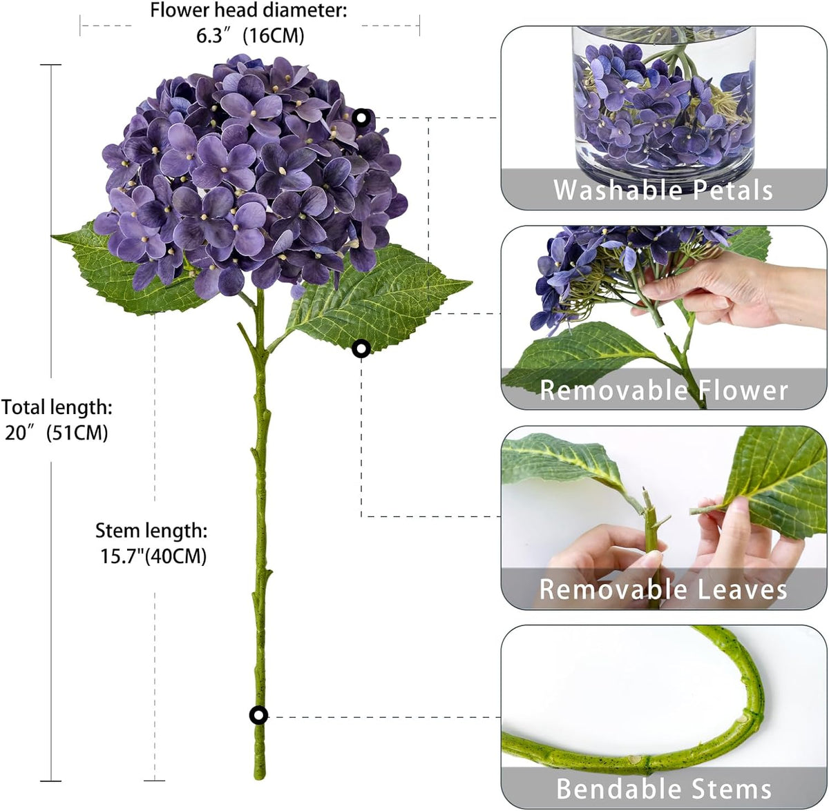 20" 4PCS Artificial Light Blue Hydrangea Flowers Large Faux Latex Real Touch Fake Hydrangeas Silk Bouquet with Leaves Stems for Family Table Office Wedding Party Arrangements