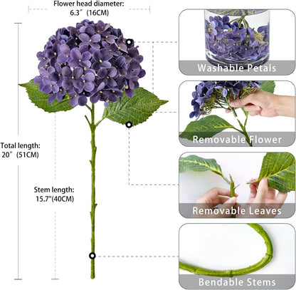 20" 4PCS Artificial Light Blue Hydrangea Flowers Large Faux Latex Real Touch Fake Hydrangeas Silk Bouquet with Leaves Stems for Family Table Office Wedding Party Arrangements