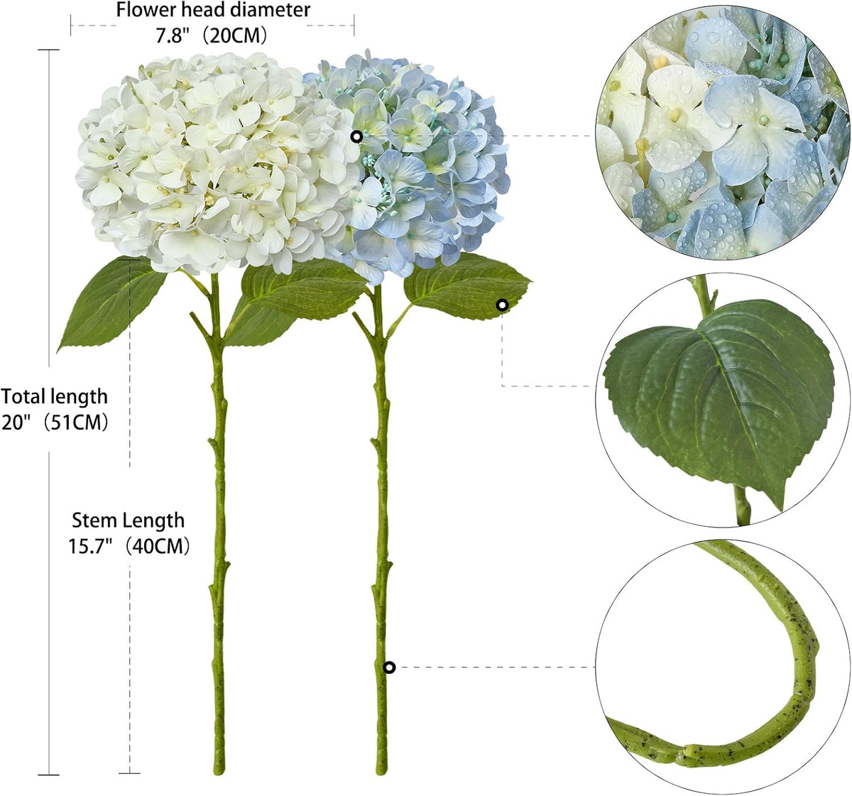 20" 4PCS Artificial Light Blue Hydrangea Flowers Large Faux Latex Real Touch Fake Hydrangeas Silk Bouquet with Leaves Stems for Family Table Office Wedding Party Arrangements