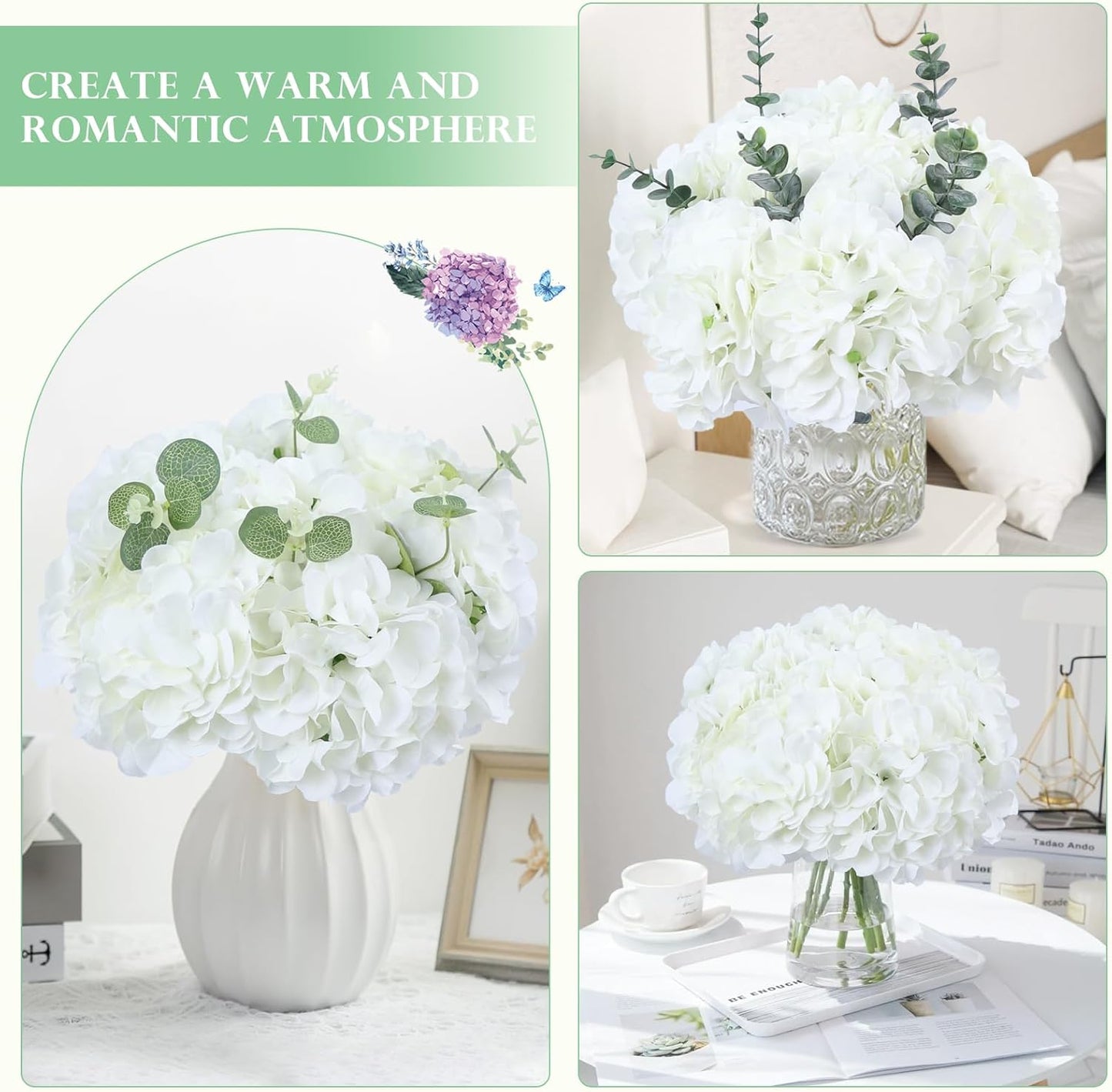 65pcs White Hydrangea Artificial Flowers Bulk (Not Squished, No Steaming Need) Ivory Faux Hydrangeas Bouquet Silk Flowers with Stems for Wedding,Party,Centerpieces,Home,Baby Shower Decor