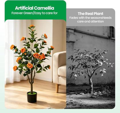 Orange Artificial Camellia Tree 2 Pcs 48Inch/4Ft