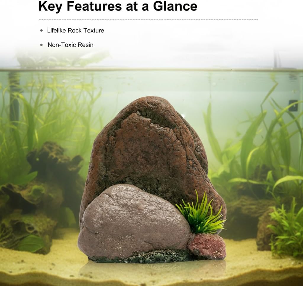 Small Aquarium Decor Rock, Resin Fish Tank Artificial Stone Ornament for Freshwater/Saltwater, Safe Landscape Hideout for Betta Fish, Goldfish and Aquatic Pets