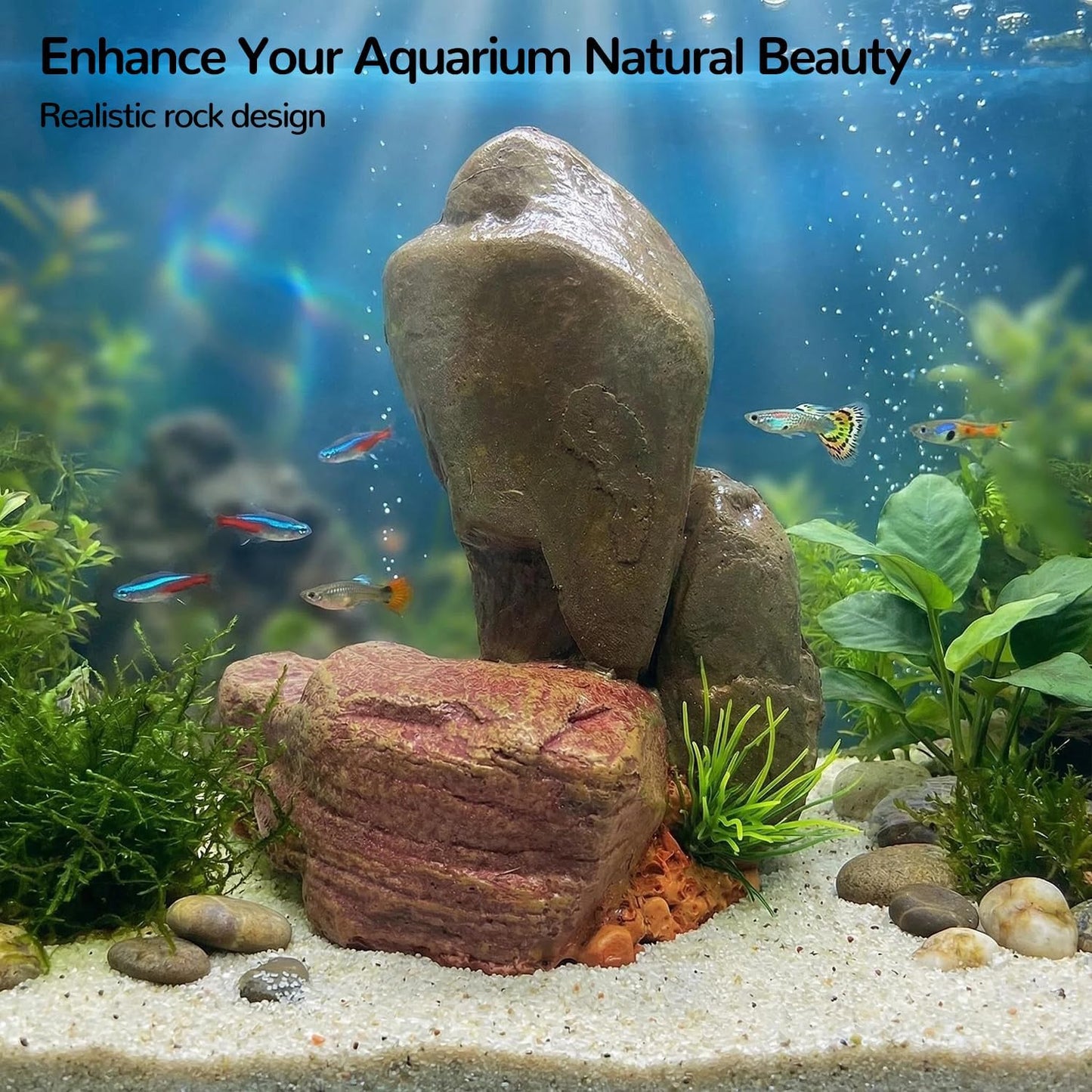 Small Aquarium Decor Rock, Resin Fish Tank Artificial Stone Ornament for Freshwater/Saltwater, Safe Landscape Hideout for Betta Fish, Goldfish and Aquatic Pets