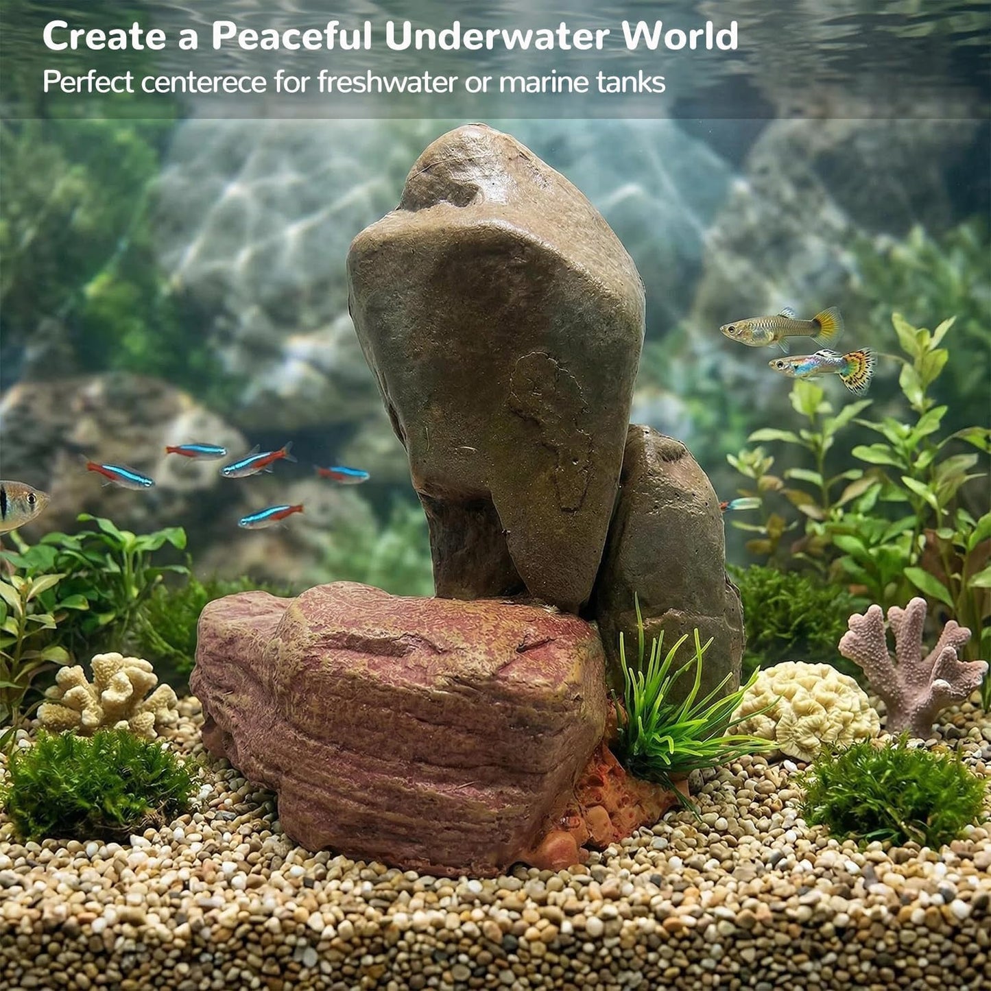 Small Aquarium Decor Rock, Resin Fish Tank Artificial Stone Ornament for Freshwater/Saltwater, Safe Landscape Hideout for Betta Fish, Goldfish and Aquatic Pets