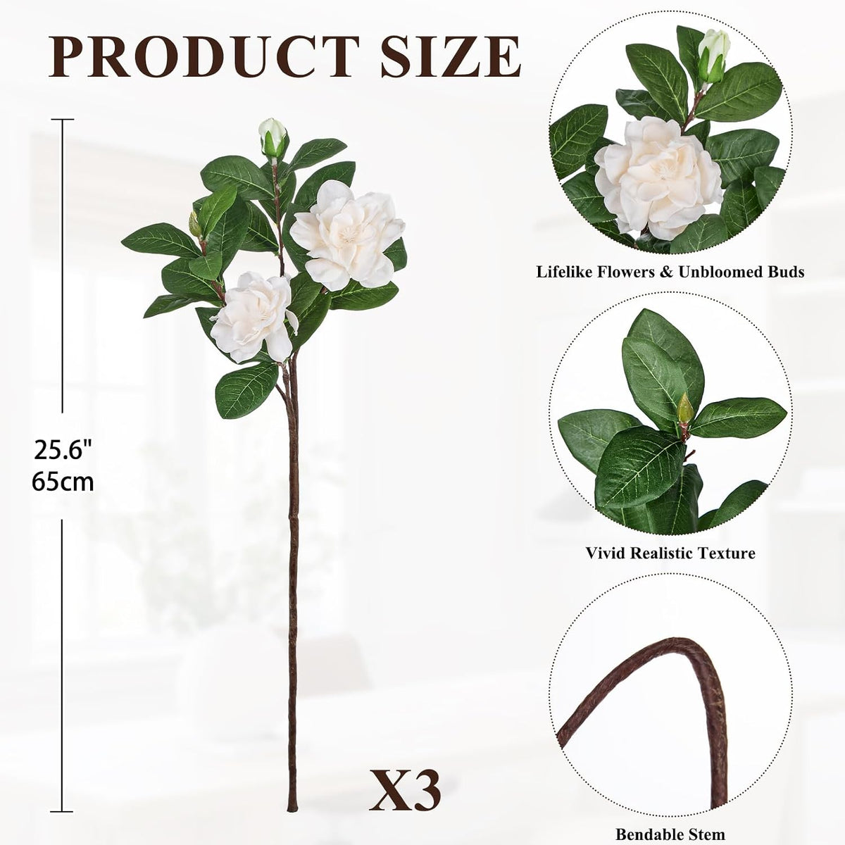 26" Artificial Gardenia Flowers Branches with Buds, Pale Champagne White