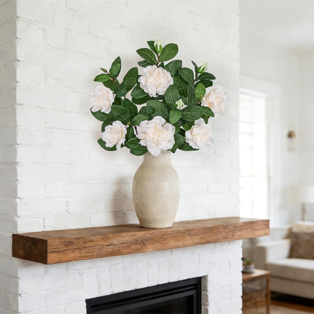 26" Artificial Gardenia Flowers Branches with Buds, Pale Champagne White