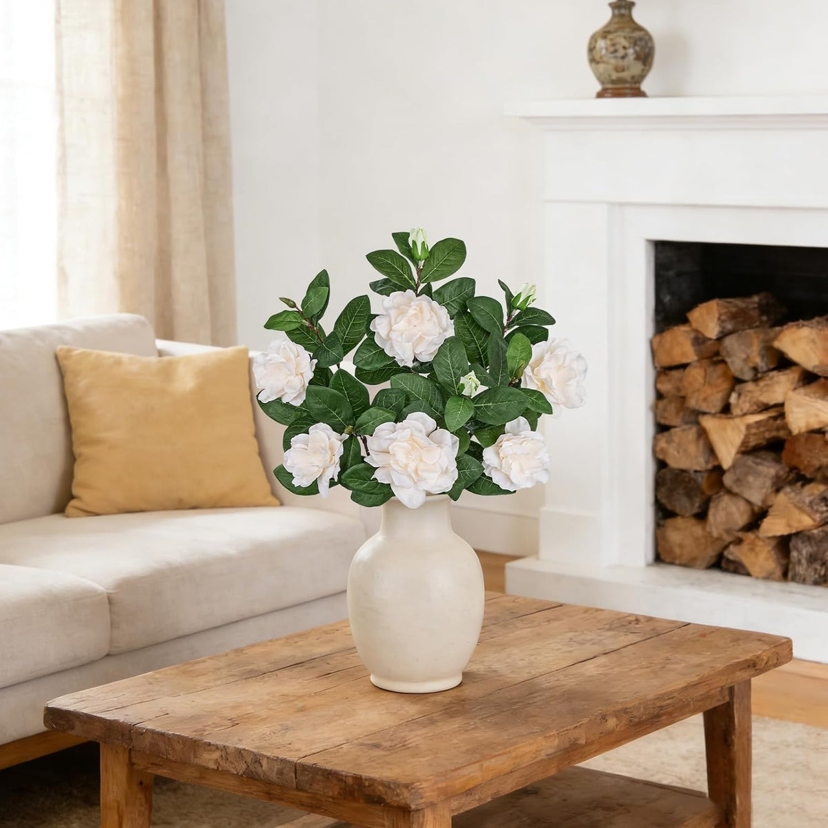 26" Artificial Gardenia Flowers Branches with Buds, Pale Champagne White