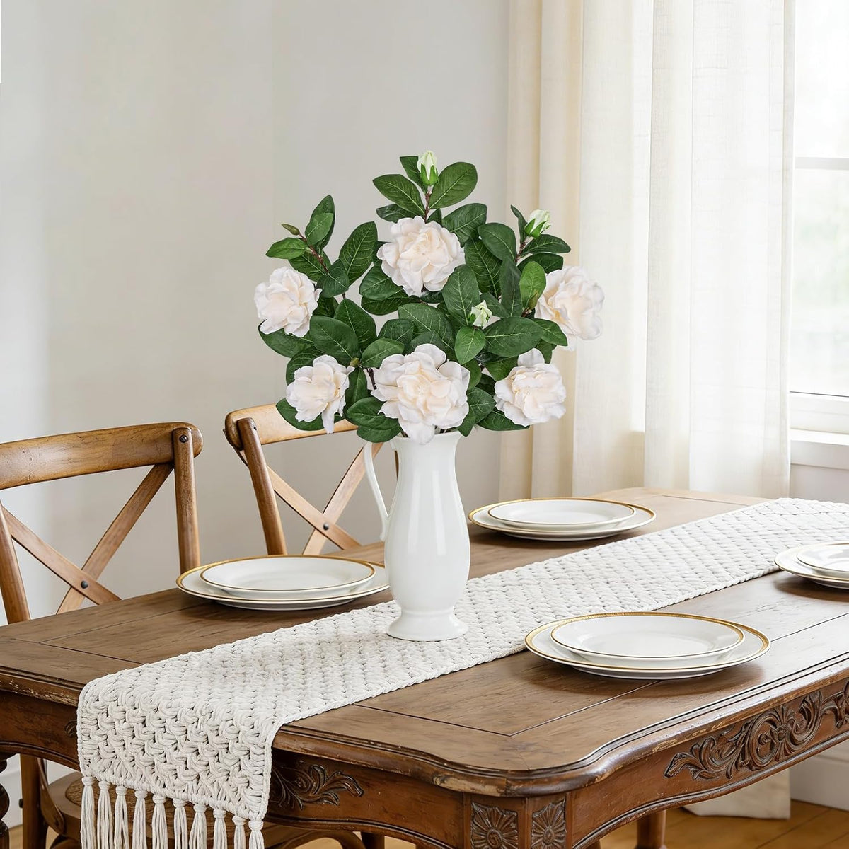 26" Artificial Gardenia Flowers Branches with Buds, Pale Champagne White