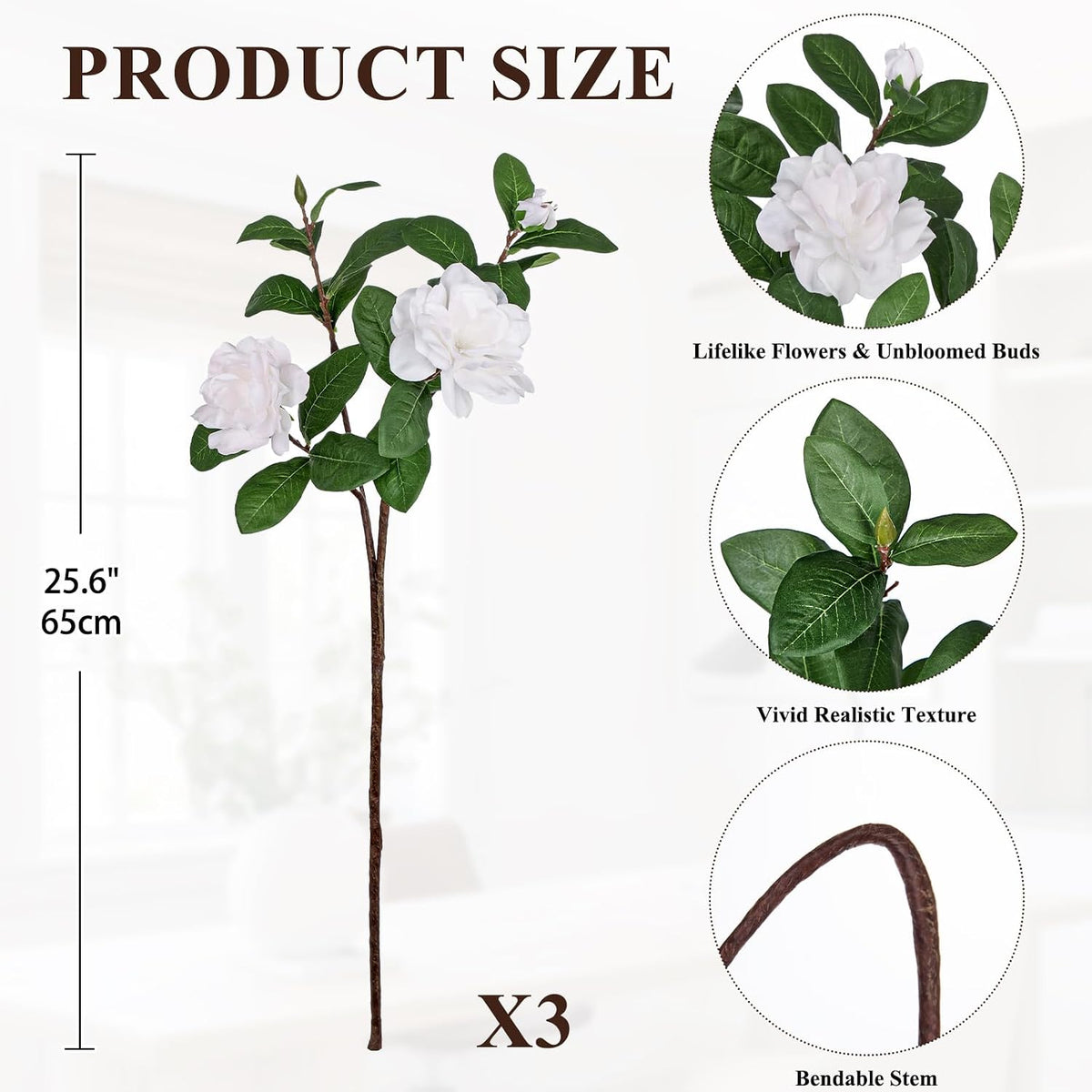 26" Artificial Gardenia Flowers Branches with Buds, Pale Champagne White