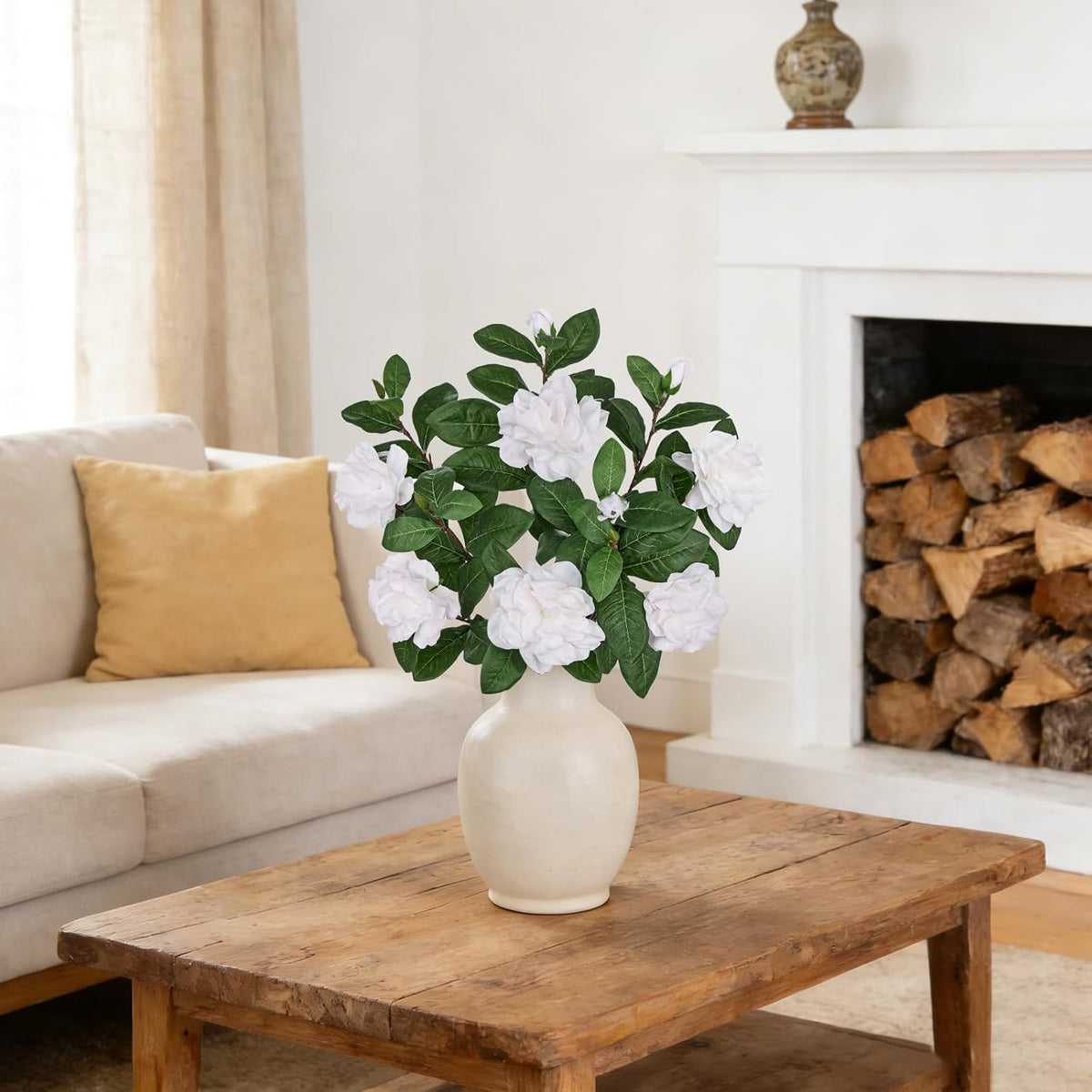 26" Artificial Gardenia Flowers Branches with Buds, Pale Champagne White