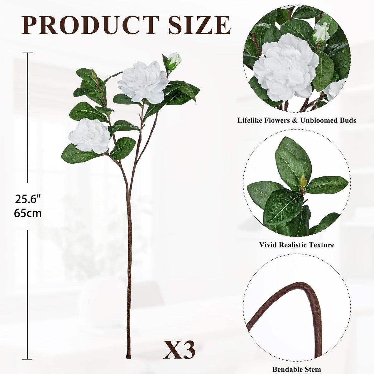 26" Artificial Gardenia Flowers Branches with Buds, Pale Champagne White