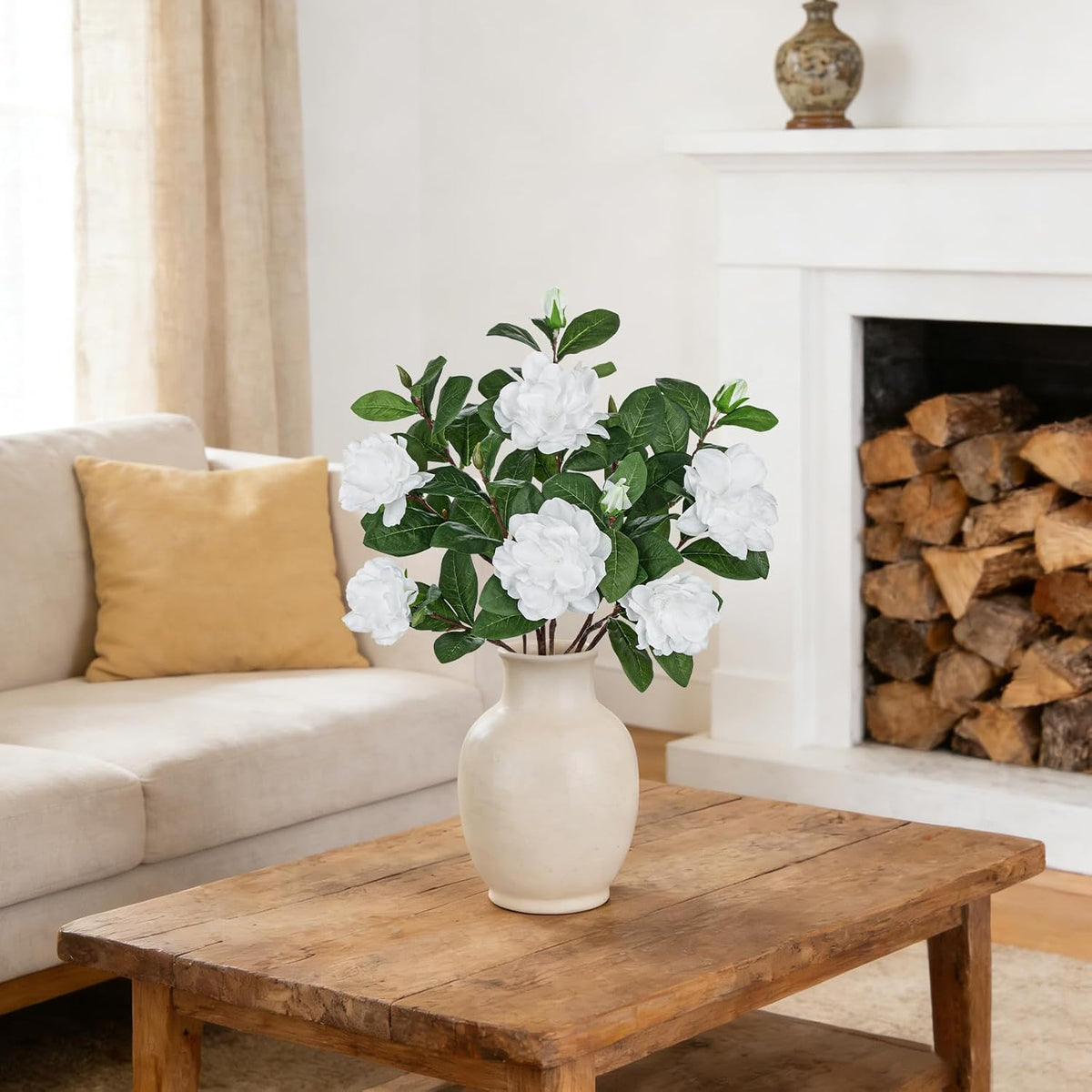26" Artificial Gardenia Flowers Branches with Buds, Pale Champagne White
