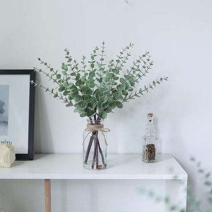 17.5" Artificial Eucalyptus Stems in Glass Vase with Faux Water(Sage Green) | Realistic Fake Plants Faux Eucalyptus Leaves with Glass Vase, for Centerpiece Table Farmhouse Wedding Home Greenery Decor