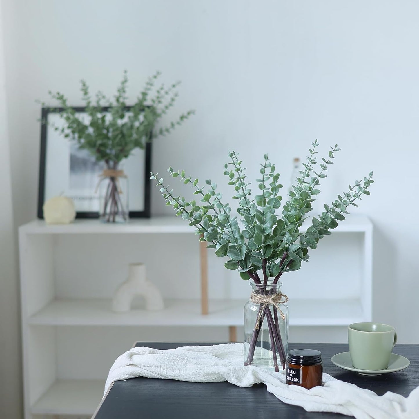 17.5" Artificial Eucalyptus Stems in Glass Vase with Faux Water(Sage Green) | Realistic Fake Plants Faux Eucalyptus Leaves with Glass Vase, for Centerpiece Table Farmhouse Wedding Home Greenery Decor