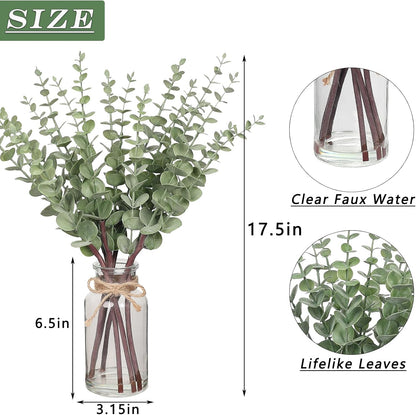 17.5" Artificial Eucalyptus Stems in Glass Vase with Faux Water(Sage Green) | Realistic Fake Plants Faux Eucalyptus Leaves with Glass Vase, for Centerpiece Table Farmhouse Wedding Home Greenery Decor