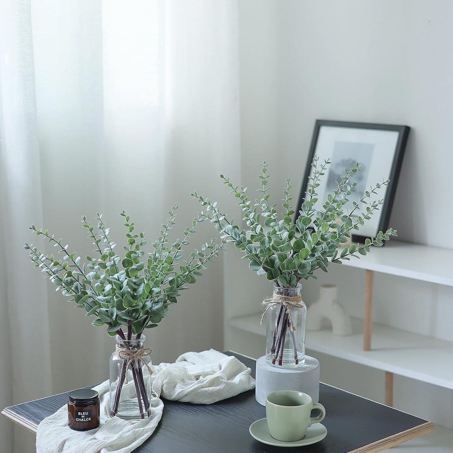 17.5" Artificial Eucalyptus Stems in Glass Vase with Faux Water(Sage Green) | Realistic Fake Plants Faux Eucalyptus Leaves with Glass Vase, for Centerpiece Table Farmhouse Wedding Home Greenery Decor