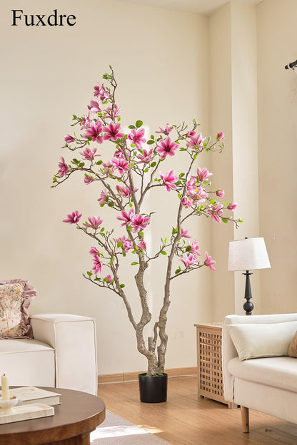 Artificial Magnolia Tree, 6.8FT Tall Fake Indoor Tree, Realistic Real Touch Leaves and Flowers, Perfect for Home Decor, Living Room, Wedding, and Hotel Decor (Pink)