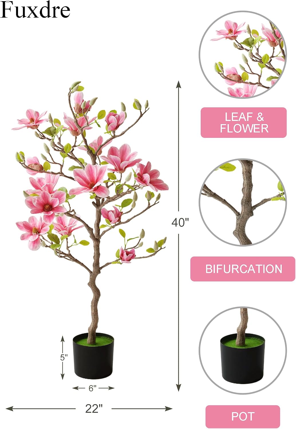 Artificial Magnolia Tree, 6.8FT Tall Fake Indoor Tree, Realistic Real Touch Leaves and Flowers, Perfect for Home Decor, Living Room, Wedding, and Hotel Decor (Pink)