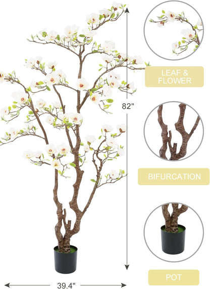 Artificial Magnolia Tree, 6.8FT Tall Fake Indoor Tree, Realistic Real Touch Leaves and Flowers, Perfect for Home Decor, Living Room, Wedding, and Hotel Decor (Pink)