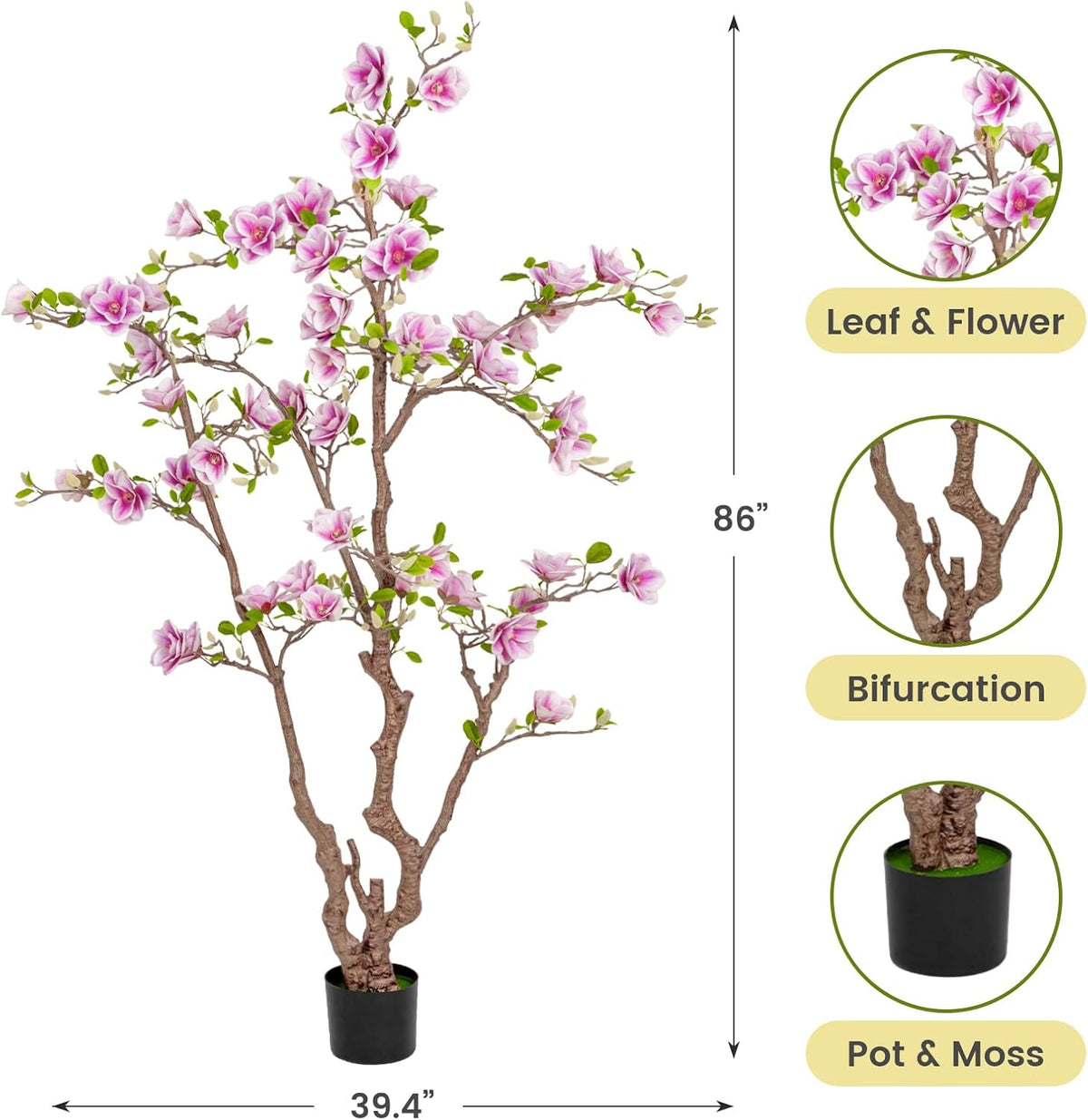 Artificial Magnolia Tree, 6.8FT Tall Fake Indoor Tree, Realistic Real Touch Leaves and Flowers, Perfect for Home Decor, Living Room, Wedding, and Hotel Decor (Pink)