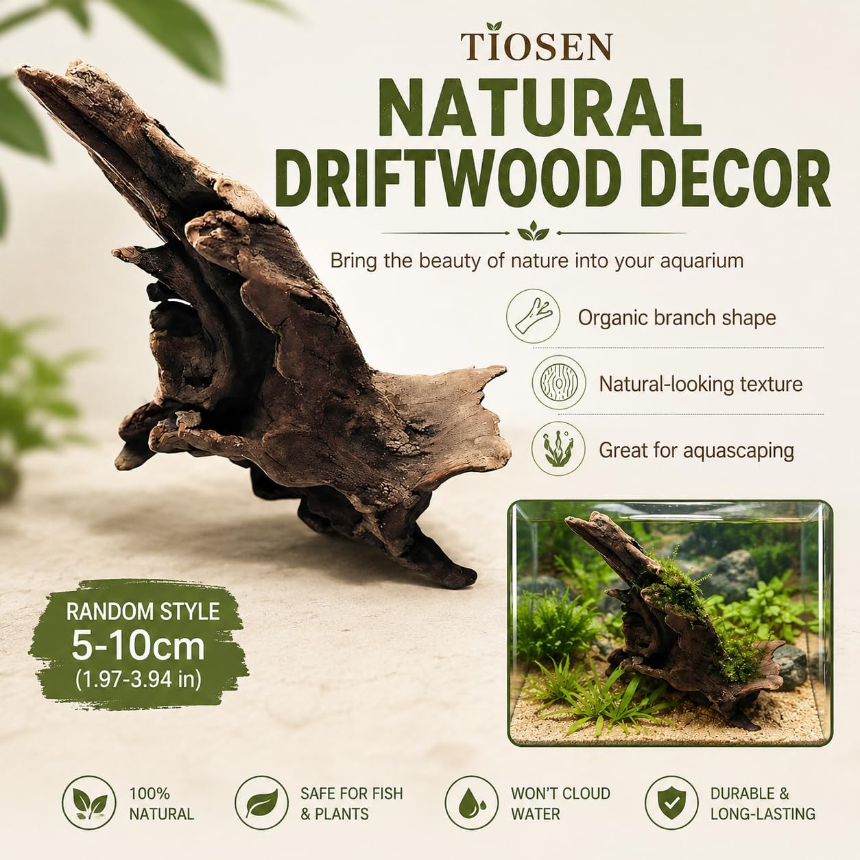 Natural Driftwood Tree Decoration for Aquarium, Fish Tank Plant Stump Ornament, Random Style(5-10cm)
