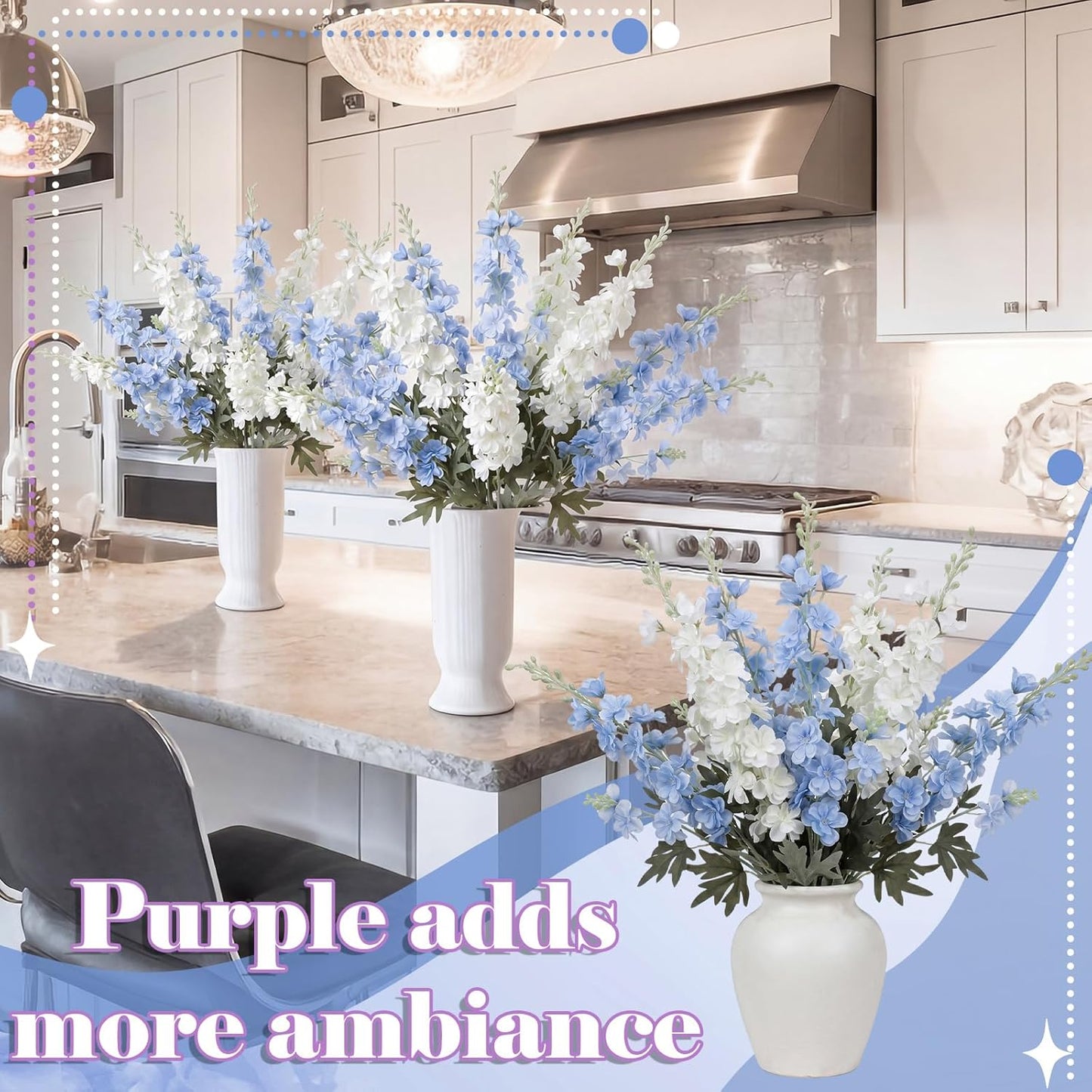 Thiccywoov 24 Pcs Delphinium Artificial Flower 35.4'' Long Larkspur Stem Silk Fake Faux Flowers Bulk for Tall Vase Floral Arrangements Home Centerpiece Table Wedding Decor (White)
