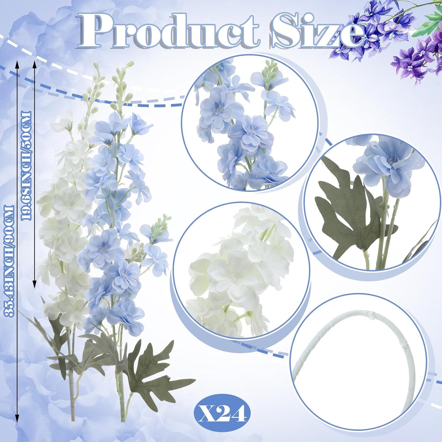 Thiccywoov 24 Pcs Delphinium Artificial Flower 35.4'' Long Larkspur Stem Silk Fake Faux Flowers Bulk for Tall Vase Floral Arrangements Home Centerpiece Table Wedding Decor (White)