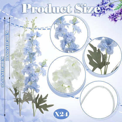 Thiccywoov 24 Pcs Delphinium Artificial Flower 35.4'' Long Larkspur Stem Silk Fake Faux Flowers Bulk for Tall Vase Floral Arrangements Home Centerpiece Table Wedding Decor (White)