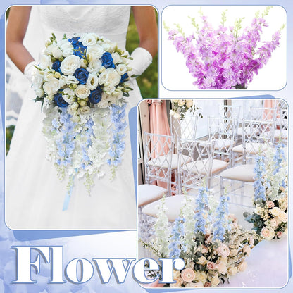 Thiccywoov 24 Pcs Delphinium Artificial Flower 35.4'' Long Larkspur Stem Silk Fake Faux Flowers Bulk for Tall Vase Floral Arrangements Home Centerpiece Table Wedding Decor (White)