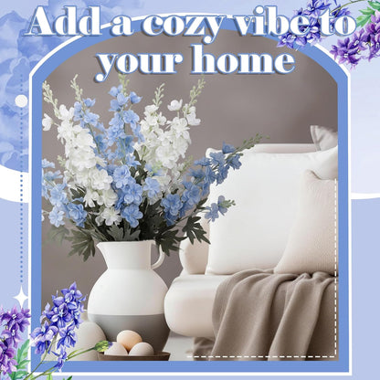 Thiccywoov 24 Pcs Delphinium Artificial Flower 35.4'' Long Larkspur Stem Silk Fake Faux Flowers Bulk for Tall Vase Floral Arrangements Home Centerpiece Table Wedding Decor (White)