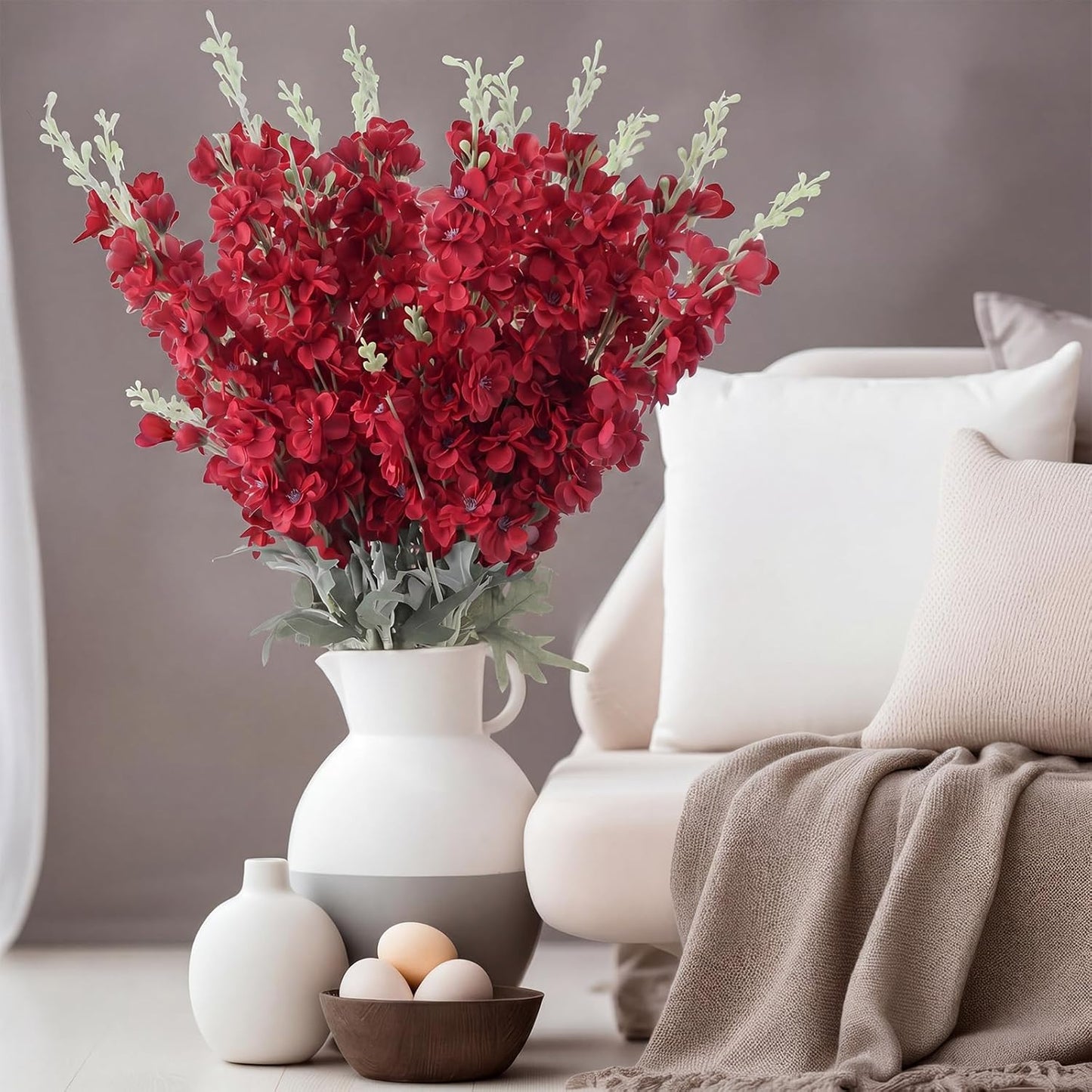 Thiccywoov 24 Pcs Delphinium Artificial Flower 35.4'' Long Larkspur Stem Silk Fake Faux Flowers Bulk for Tall Vase Floral Arrangements Home Centerpiece Table Wedding Decor (White)