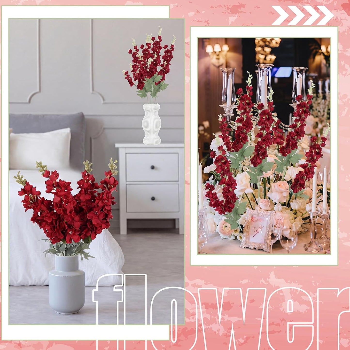 Thiccywoov 24 Pcs Delphinium Artificial Flower 35.4'' Long Larkspur Stem Silk Fake Faux Flowers Bulk for Tall Vase Floral Arrangements Home Centerpiece Table Wedding Decor (White)