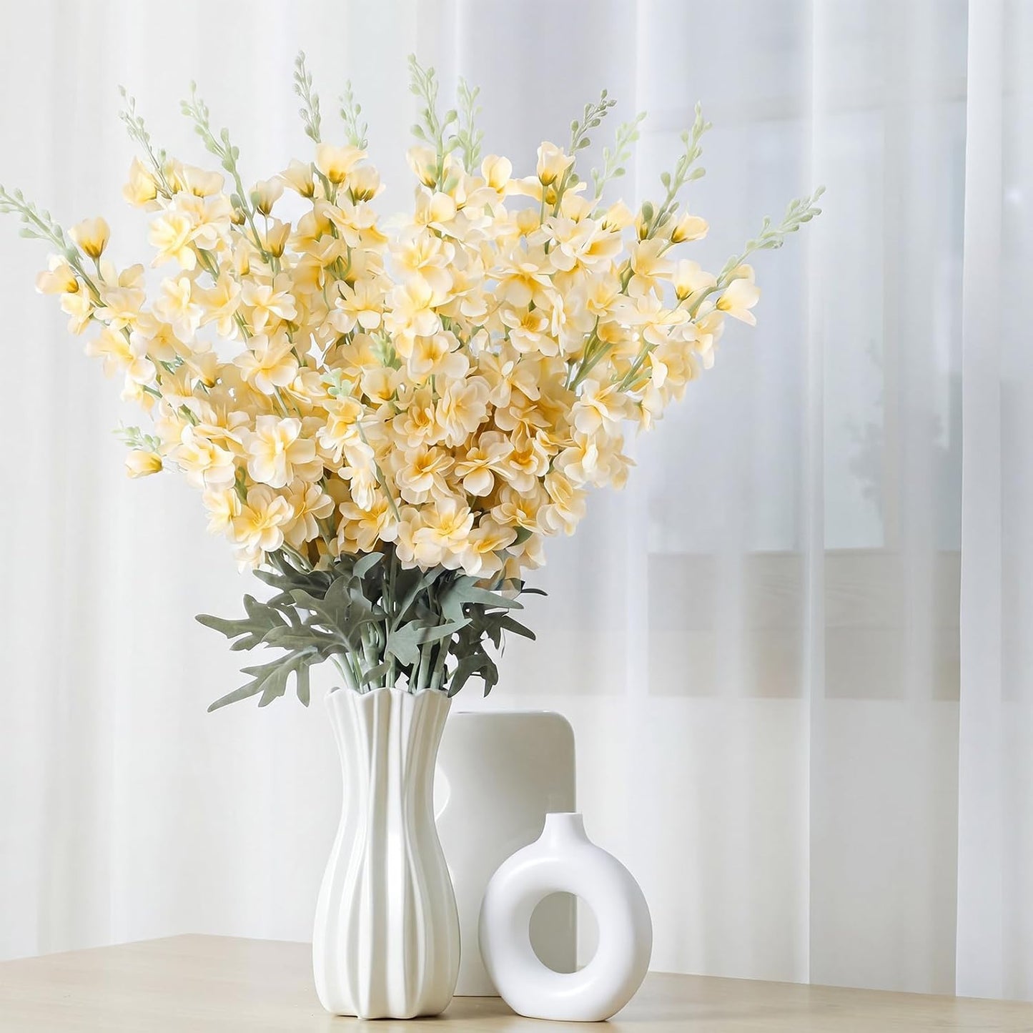 Thiccywoov 24 Pcs Delphinium Artificial Flower 35.4'' Long Larkspur Stem Silk Fake Faux Flowers Bulk for Tall Vase Floral Arrangements Home Centerpiece Table Wedding Decor (White)