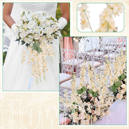 Thiccywoov 24 Pcs Delphinium Artificial Flower 35.4'' Long Larkspur Stem Silk Fake Faux Flowers Bulk for Tall Vase Floral Arrangements Home Centerpiece Table Wedding Decor (White)