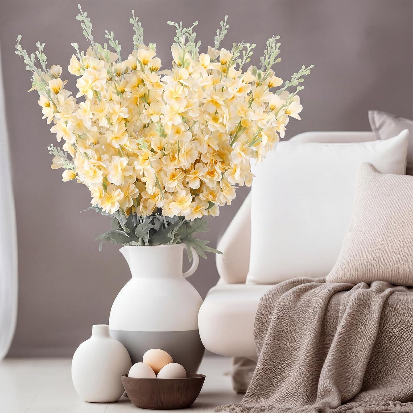 Thiccywoov 24 Pcs Delphinium Artificial Flower 35.4'' Long Larkspur Stem Silk Fake Faux Flowers Bulk for Tall Vase Floral Arrangements Home Centerpiece Table Wedding Decor (White)