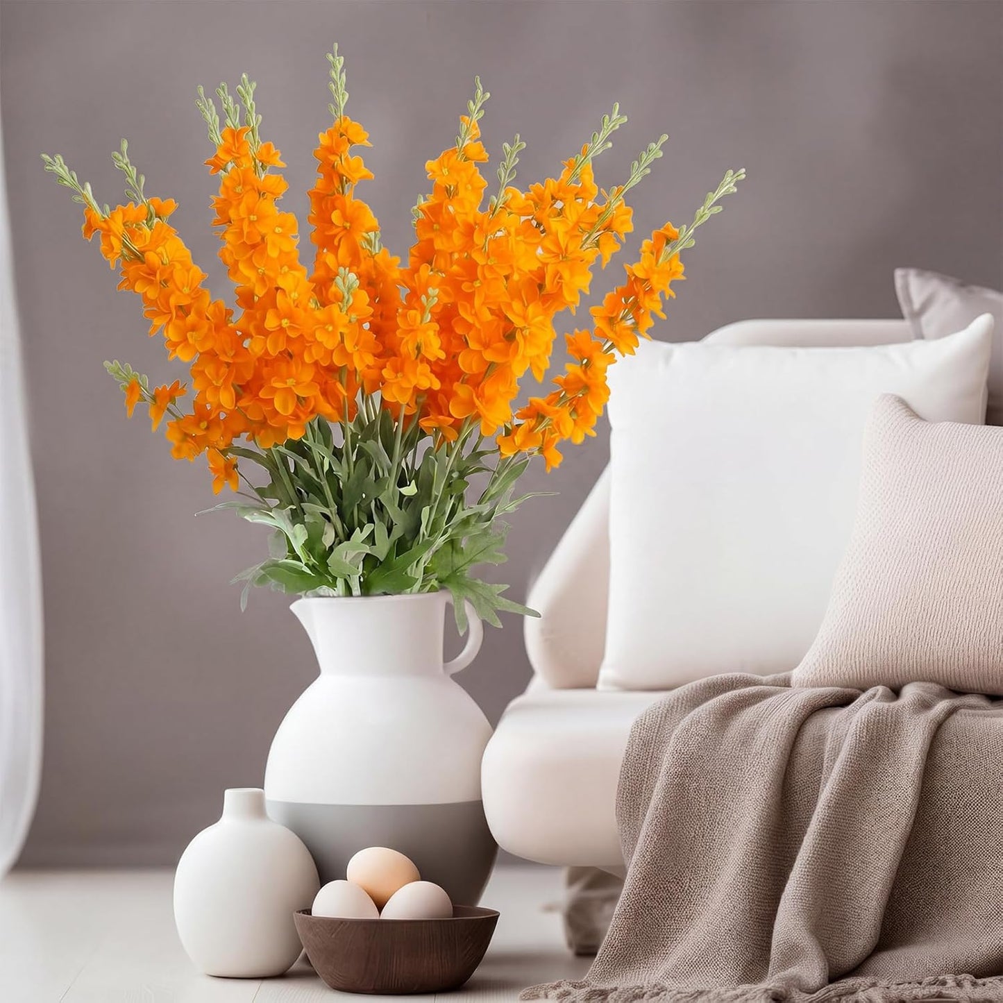 Thiccywoov 24 Pcs Delphinium Artificial Flower 35.4'' Long Larkspur Stem Silk Fake Faux Flowers Bulk for Tall Vase Floral Arrangements Home Centerpiece Table Wedding Decor (White)