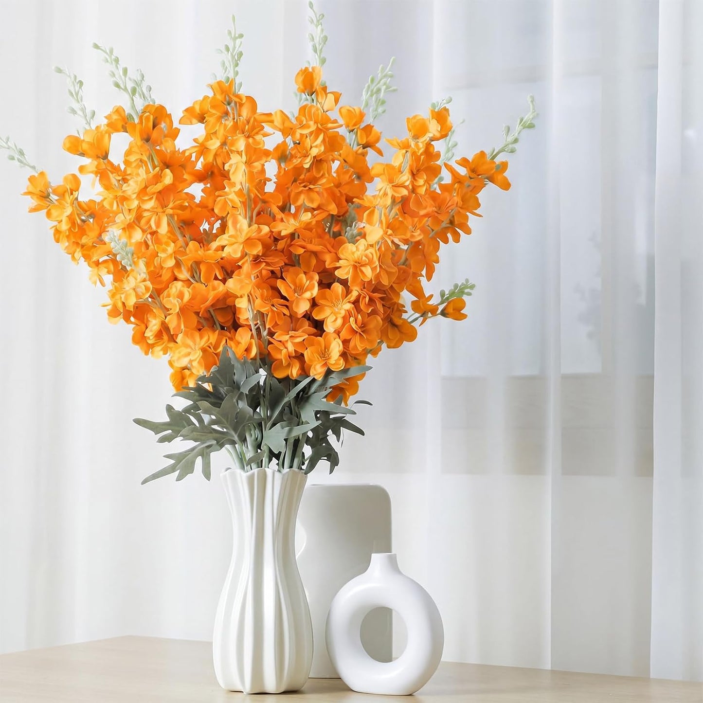 Thiccywoov 24 Pcs Delphinium Artificial Flower 35.4'' Long Larkspur Stem Silk Fake Faux Flowers Bulk for Tall Vase Floral Arrangements Home Centerpiece Table Wedding Decor (White)