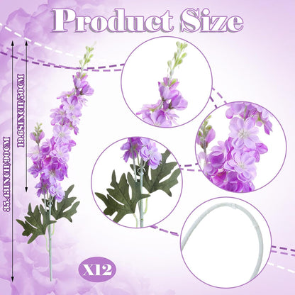 Thiccywoov 24 Pcs Delphinium Artificial Flower 35.4'' Long Larkspur Stem Silk Fake Faux Flowers Bulk for Tall Vase Floral Arrangements Home Centerpiece Table Wedding Decor (White)