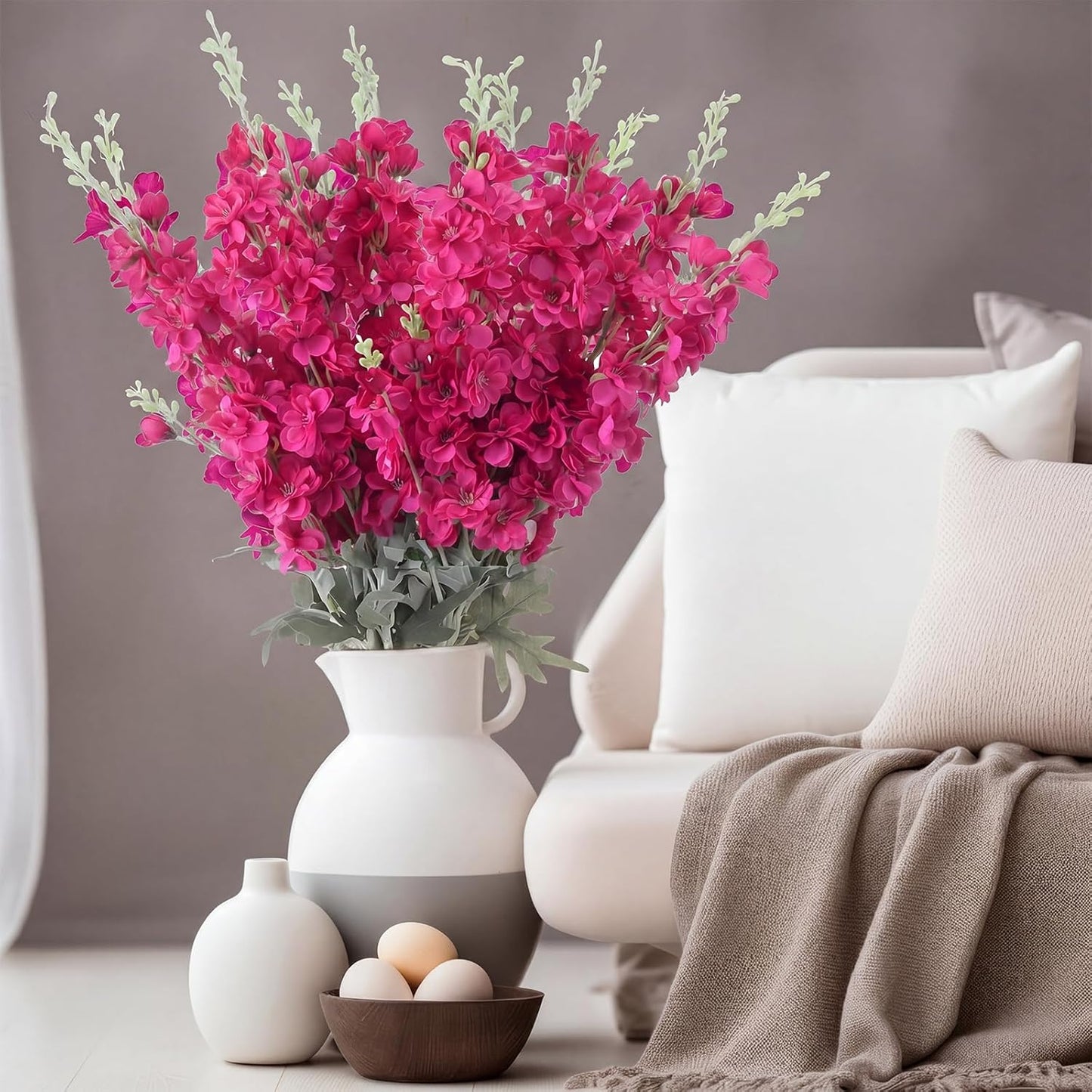 Thiccywoov 24 Pcs Delphinium Artificial Flower 35.4'' Long Larkspur Stem Silk Fake Faux Flowers Bulk for Tall Vase Floral Arrangements Home Centerpiece Table Wedding Decor (White)