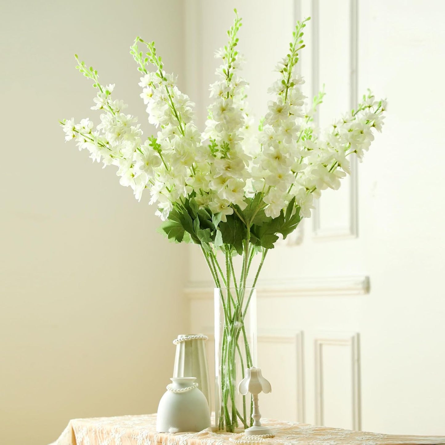 Thiccywoov 24 Pcs Delphinium Artificial Flower 35.4'' Long Larkspur Stem Silk Fake Faux Flowers Bulk for Tall Vase Floral Arrangements Home Centerpiece Table Wedding Decor (White)