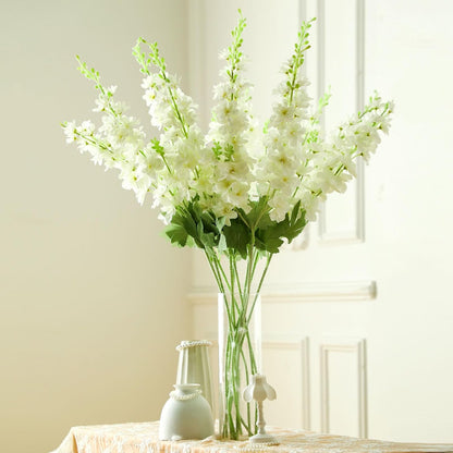 Thiccywoov 24 Pcs Delphinium Artificial Flower 35.4'' Long Larkspur Stem Silk Fake Faux Flowers Bulk for Tall Vase Floral Arrangements Home Centerpiece Table Wedding Decor (White)
