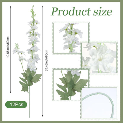 Thiccywoov 24 Pcs Delphinium Artificial Flower 35.4'' Long Larkspur Stem Silk Fake Faux Flowers Bulk for Tall Vase Floral Arrangements Home Centerpiece Table Wedding Decor (White)