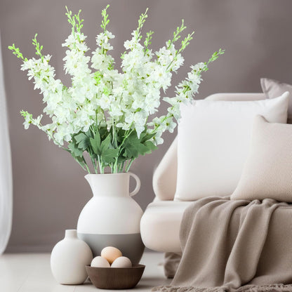Thiccywoov 24 Pcs Delphinium Artificial Flower 35.4'' Long Larkspur Stem Silk Fake Faux Flowers Bulk for Tall Vase Floral Arrangements Home Centerpiece Table Wedding Decor (White)