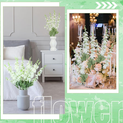 Thiccywoov 24 Pcs Delphinium Artificial Flower 35.4'' Long Larkspur Stem Silk Fake Faux Flowers Bulk for Tall Vase Floral Arrangements Home Centerpiece Table Wedding Decor (White)